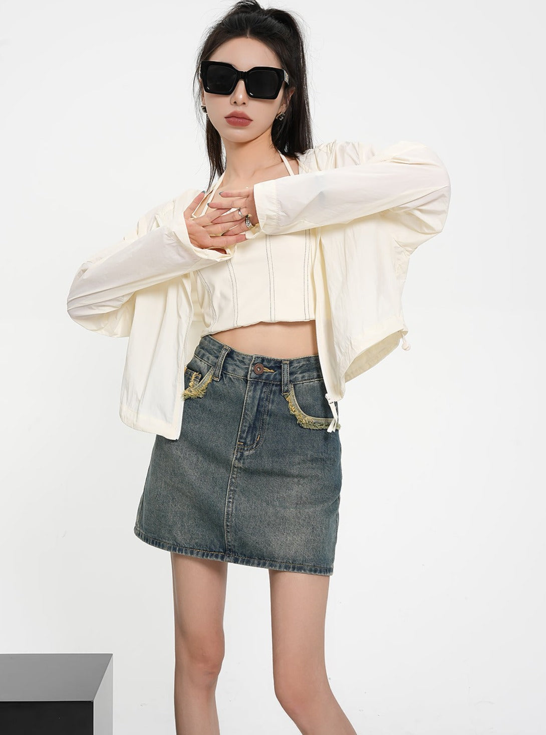 Textured Contrast Duo: Ivory Puff-sleeve Crop Blouse & Black Quilted Bomber Jacket Set