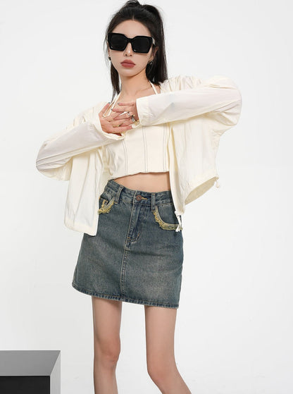Textured Contrast Duo: Ivory Puff-sleeve Crop Blouse & Black Quilted Bomber Jacket Set