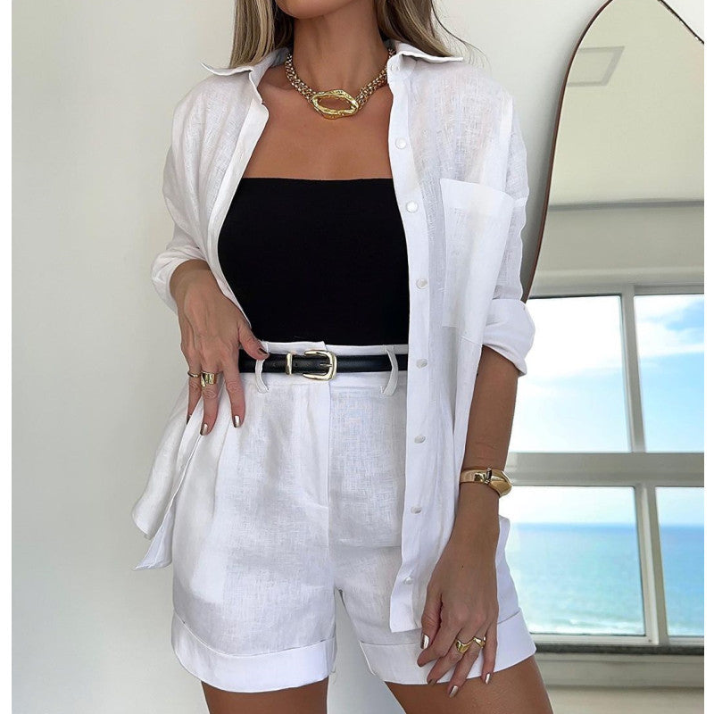 Color Long Sleeve Shirt Belt Shorts Set