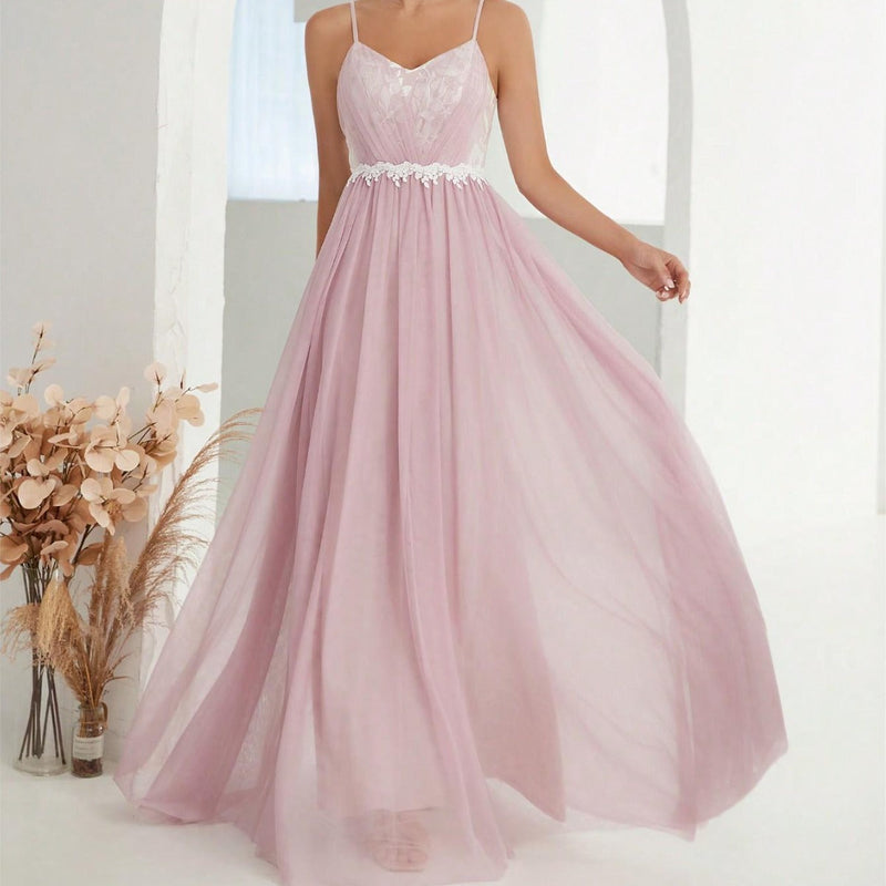 Suspender Evening Dress Mesh Cross Fold Lace Contrast Color Maxi Dress Summer
