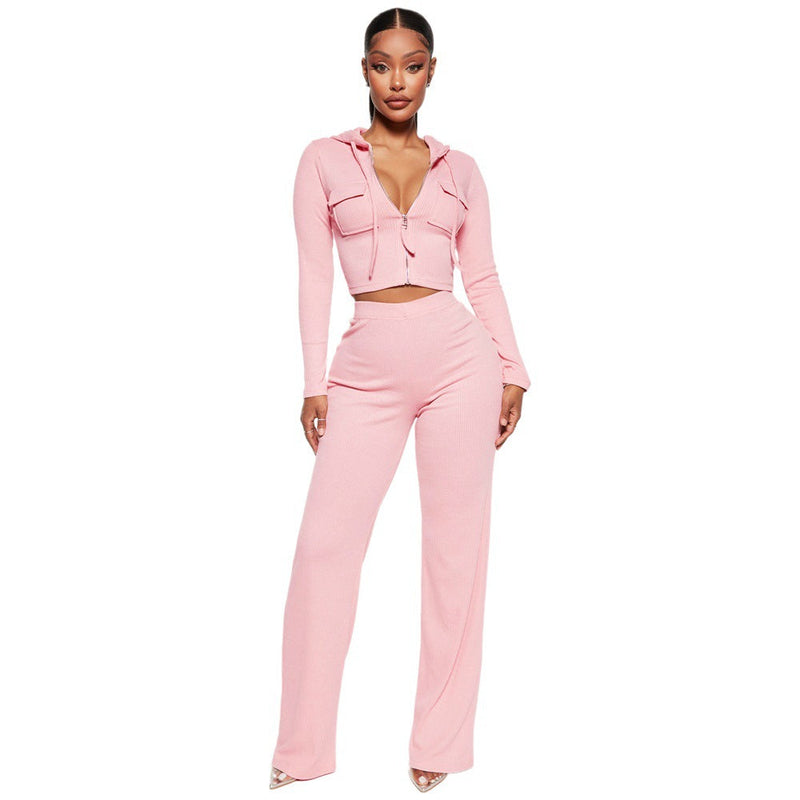 Knitted Hooded Cardigan Loose Trousers Sports Two Piece Set