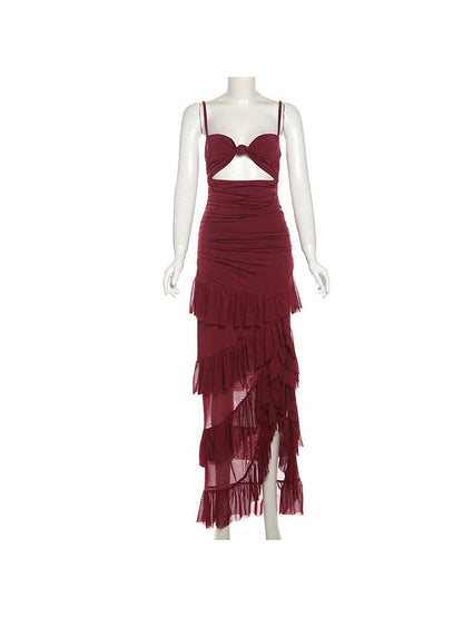 Simmy Spaghetti Strap Cutout Ruffle Slit Maxi Dress