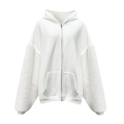 Winter Hooded Fleece Lined Furry Sleeves Sweatshirt Idle Loose Sleeve Length Cardigan Outerwear Top