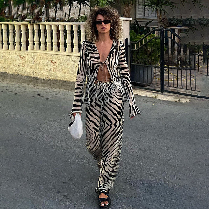 Clothing Drawstring Printed Long Sleeve Shirt Top Bandage Two Piece Pants