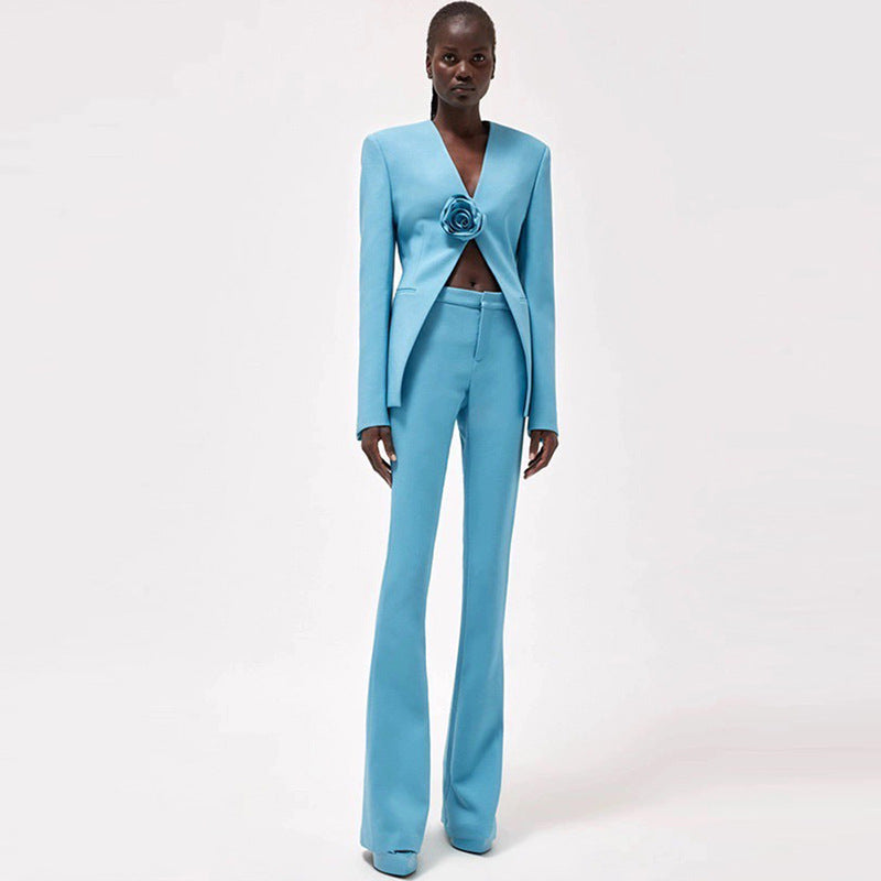 Three Dimensional Collarless Bootcut Pants Two Piece Set