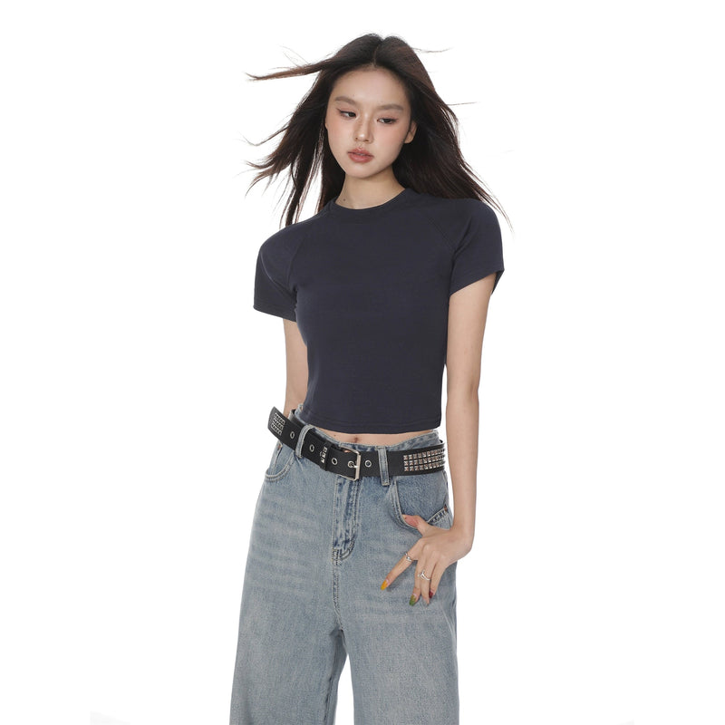 Round Neck Color Fitted Short-sleeve T-shirt