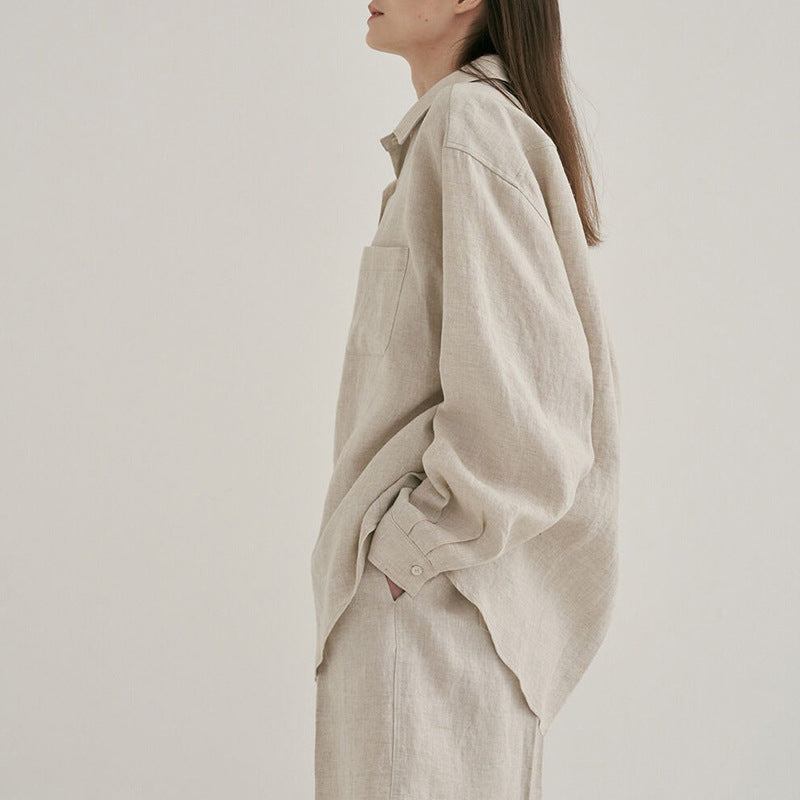 Linen Shirt Shorts Set Loose Laid Back Cotton Linen Shirt Two Piece Set