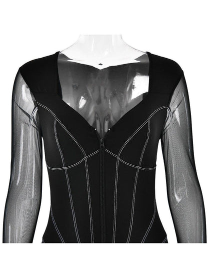 Mariam Full Sleeve Mesh See Through V Neck Jumpsuit