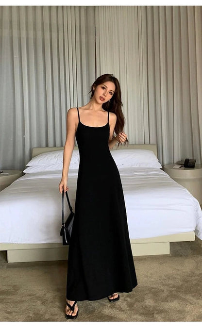Summer Black Slimming Spaghetti Strap Maxi Dress