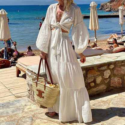 Summer Puff Sleeve Cardigan Skirt Two Piece Set