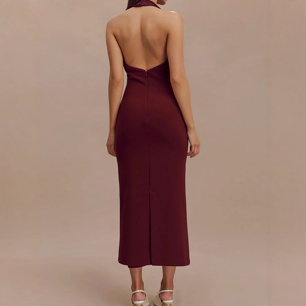 Clothing Backless V Neck Midi Dress Skinny Sheath Split Halter Dress