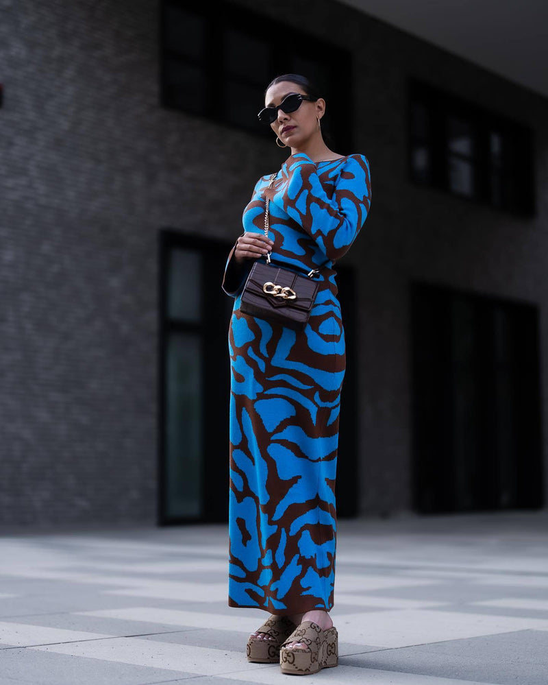 Autumn Winter Clothing Autumn Crew Neck Bell Sleeve Vertical Sesame Bottom Jacquard Slim Maxi Dress