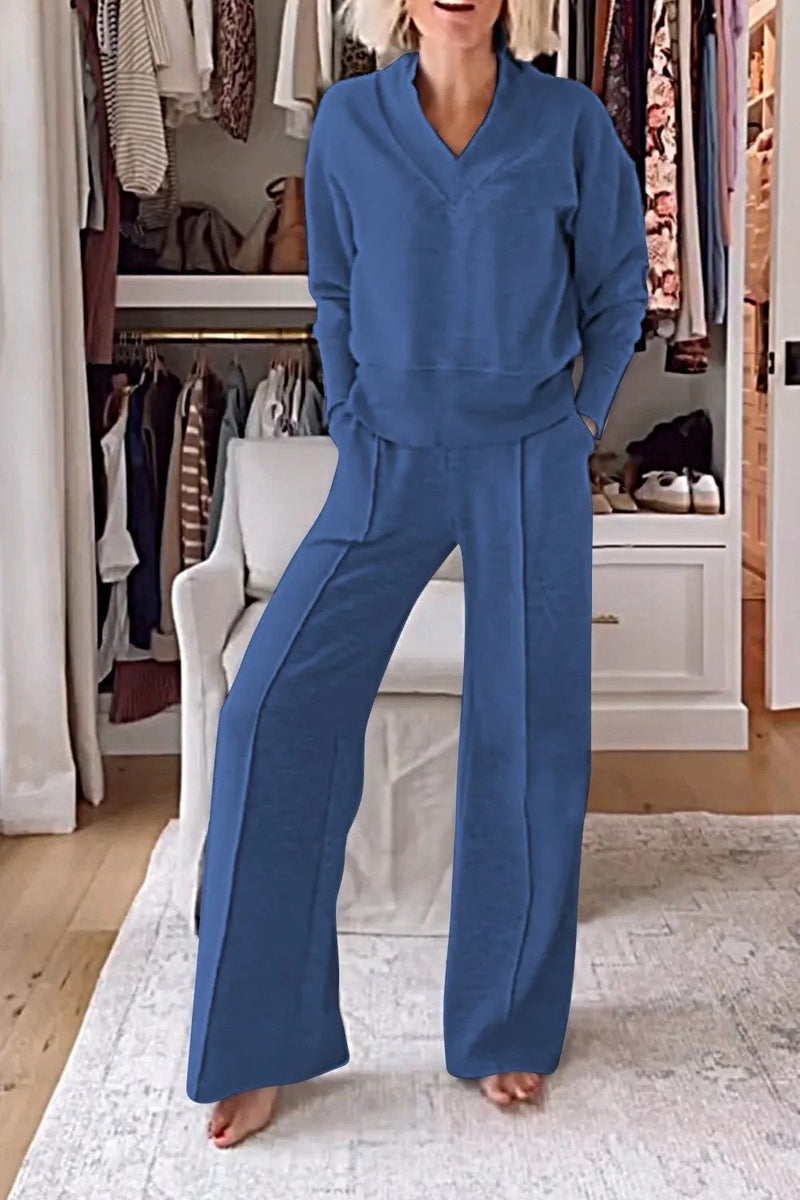 Autumn V Neck Long Sleeve Loose Top Wide Leg Pants Two Piece Set
