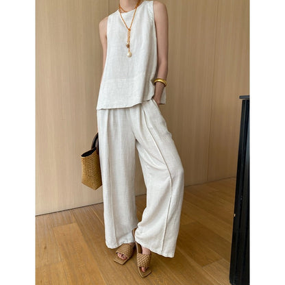 Summer Loose Feeling Tencel Linen Vest Wide Leg Pants Two Piece Suit