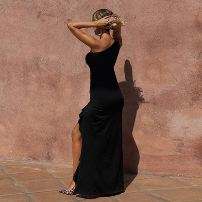 Spring Maxi Dress Slim One Shoulder Frill Ribbon Dress