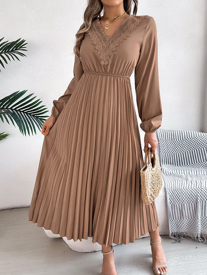 Spring Summer V Neck Lace Cinched Pleated Maxi Dress Clothing