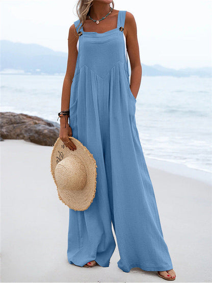 Summer New National Color Buttons Sling Wide Leg Trousers Jumpsuit