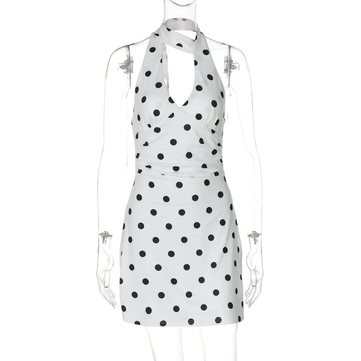 Polka Dot Halter Mini Dress With Ribbon Detail