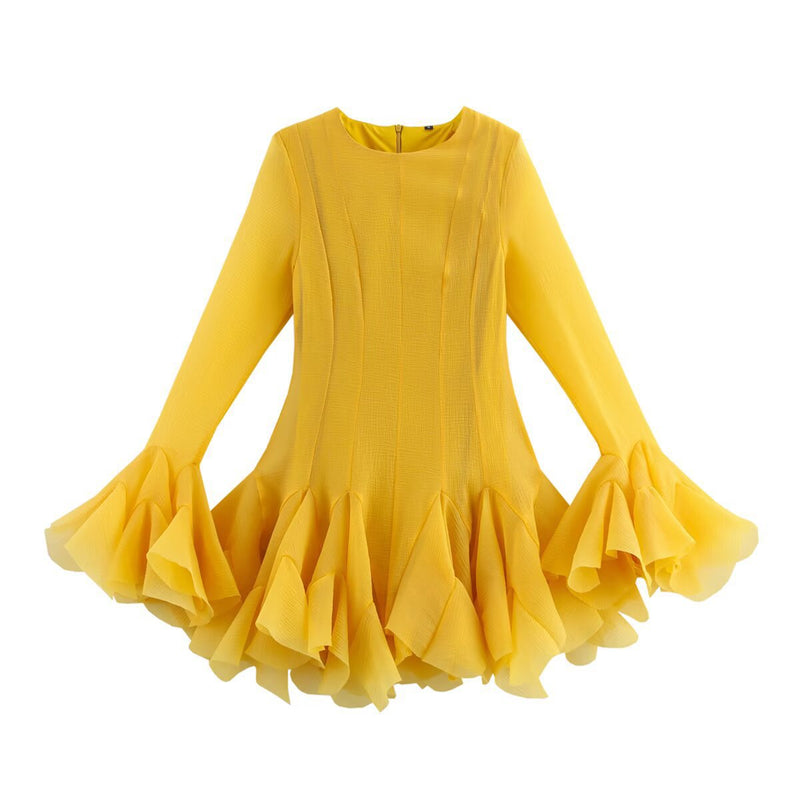 Laminated Ruffled Tulle Tutu Dress Summer Sweet Round Neck Flared Sleeves Slim Fit Short Mini Dress