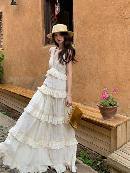 French Soft Ruffle Tiered Maxi Dress Cotton Linen Vacation Gown for Summer Gunne Sax Dress