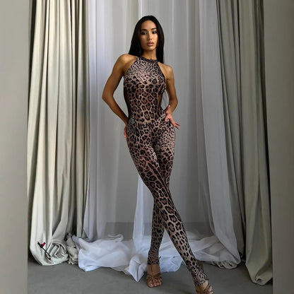 Sleeveless Halter Leopard Print Printed Mesh Stitching Jumpsuit Tight High Elastic Trousers