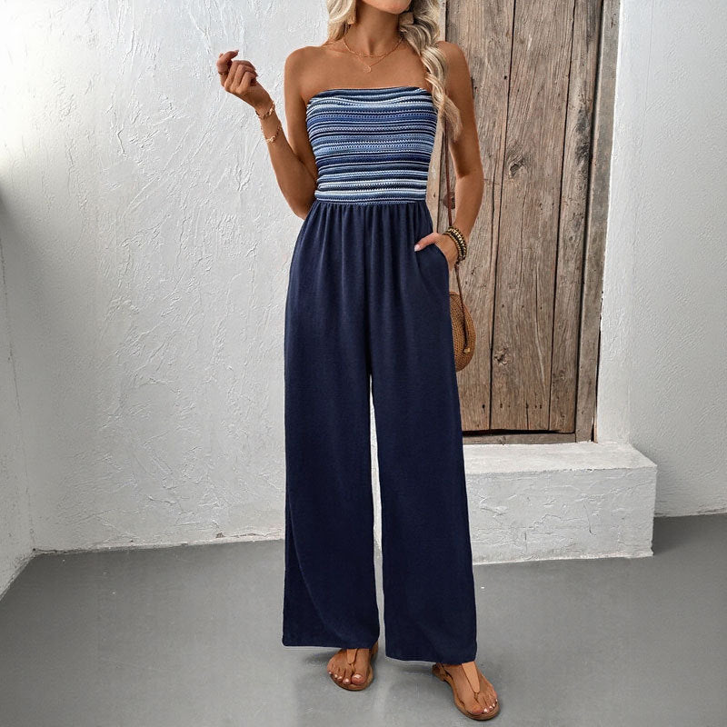 Summer Simple Jumpsuit Elastic Patchwork Stripes Jumpsuit