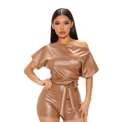 Summer Clothing Faux Leather Shoulder Romper With Belt