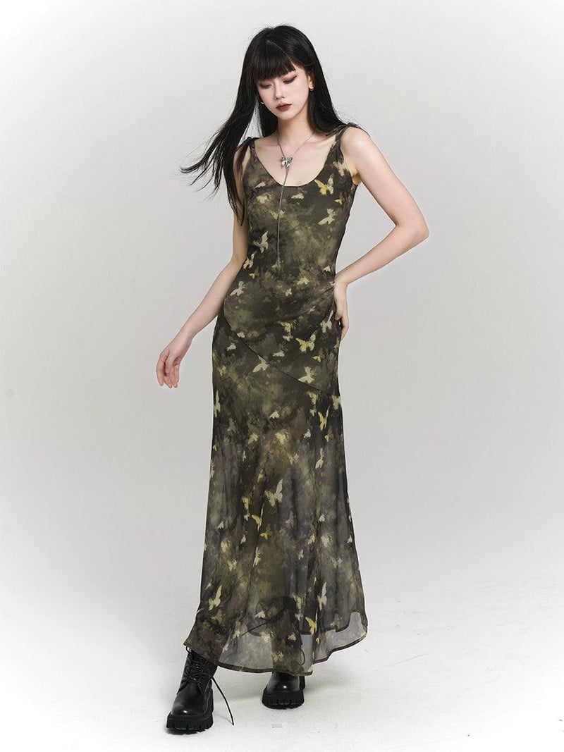 Ladyghost Woodland Whisper Maxi Dress - Camo-inspired Butterfly Print Slip Dress
