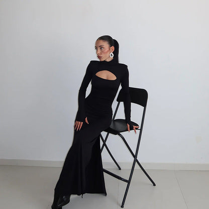 Autumn Winter Chest Hollow Out Cutout Out Long Sleeve Slim Fit Color Dress Maxi Dress