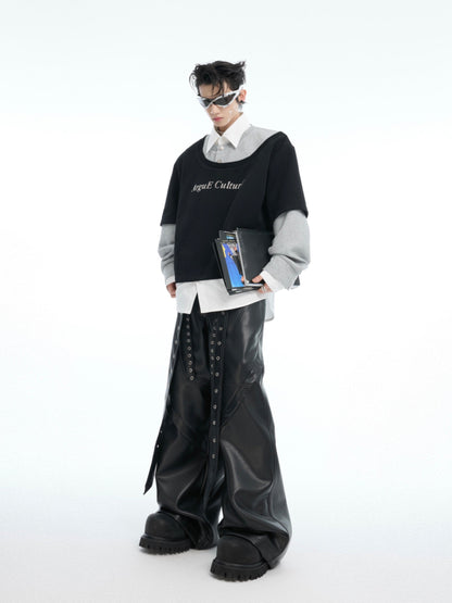 Black Leather Laced Wide Pants