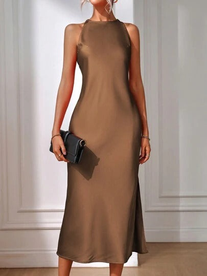 Satin Dress Clothing Spring Summer Sleeveless Split Satin Imitation Silk Maxi Dress