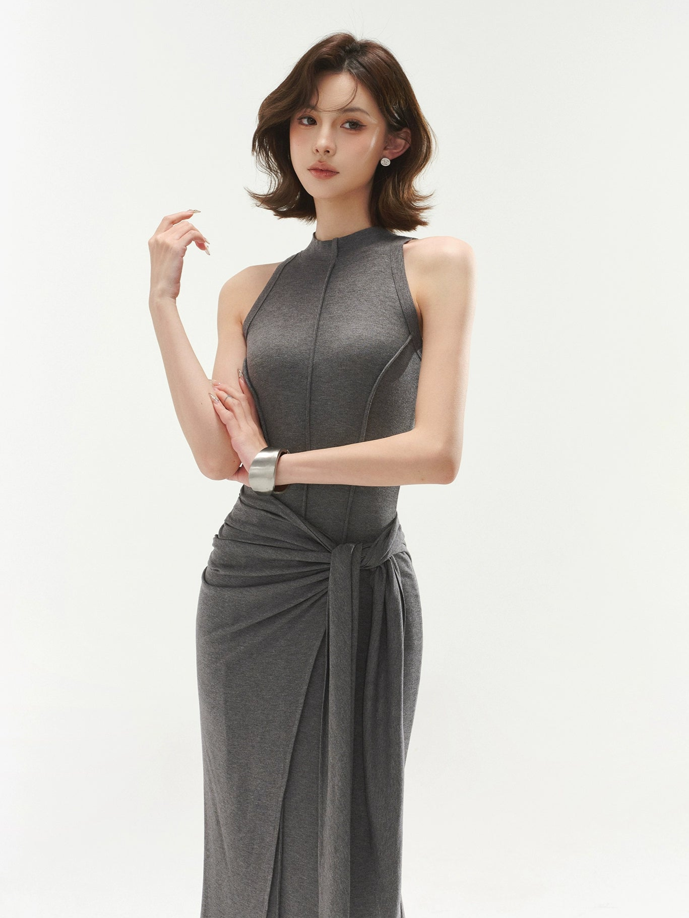 Sleeveless Mock Neck Maxi Dress With Tie Waist