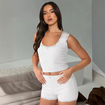 Lace Stitching Home Two Piece Slim Fit Sling High Waist Shorts Multi Color Suit