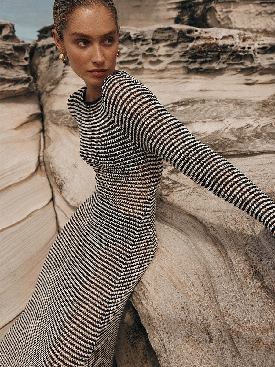 Mesh Striped Beach Vacation Knitted Hollow Outmaxi Dress