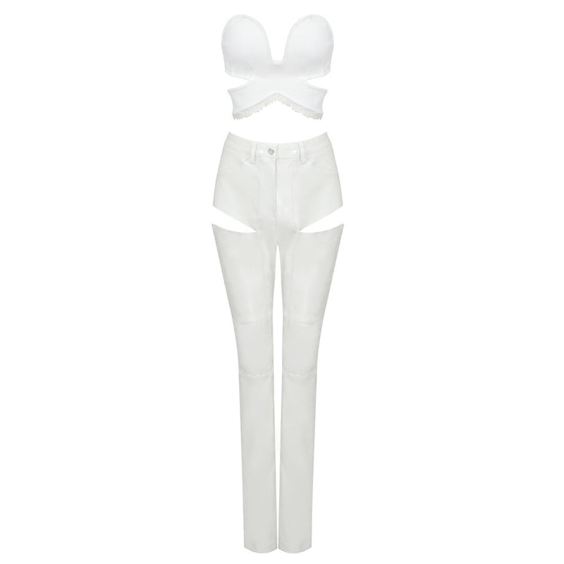 White Low Elastic Lace Lace Collared Blouse Open Faux Leather Hollow Out Cutout Out Trousers Stretch Two Piece Set Suit