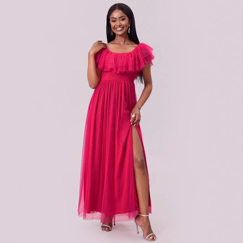Spring Summer Clothing Off Shoulder Tube Top Dress Folding Chiffon Big Hem Dress Maxi Dress
