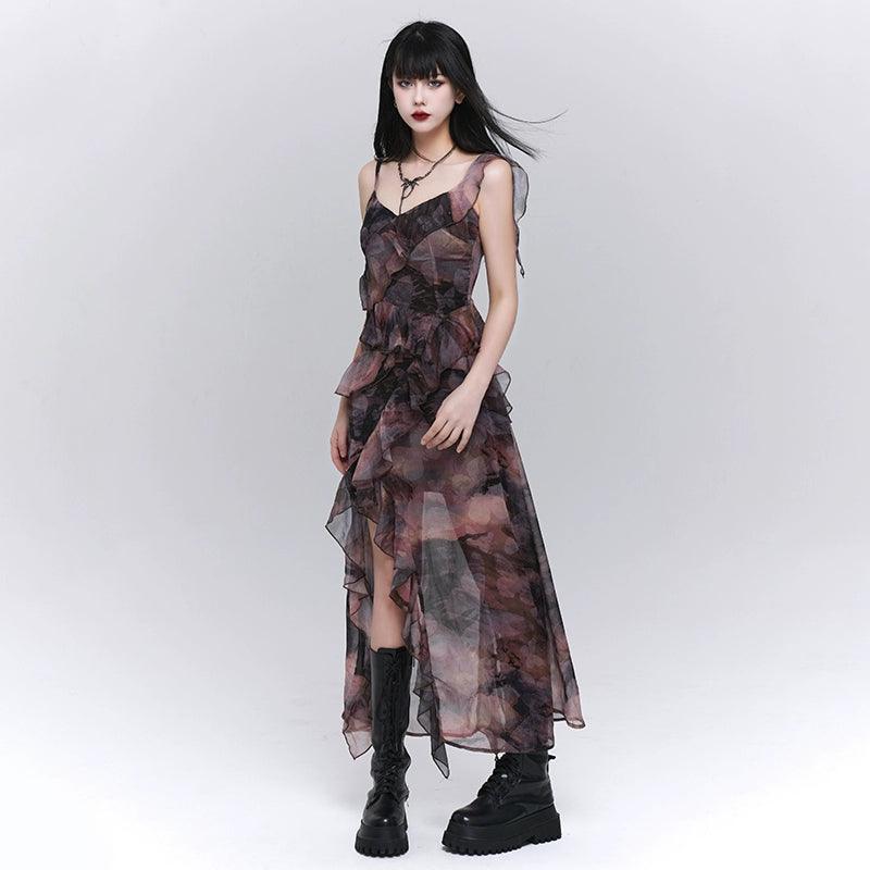 Ladyghost Dark Glamour Asymmetrical Maxi Dress - Sheer Print Ruffle Dress With High Slit