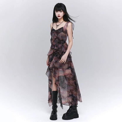 Ladyghost Dark Glamour Asymmetrical Maxi Dress - Sheer Print Ruffle Dress With High Slit