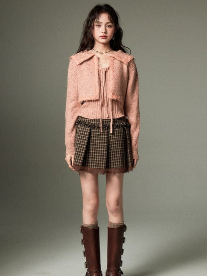 Cropped Knitted Cardigan & Camisole Set With Big Collar