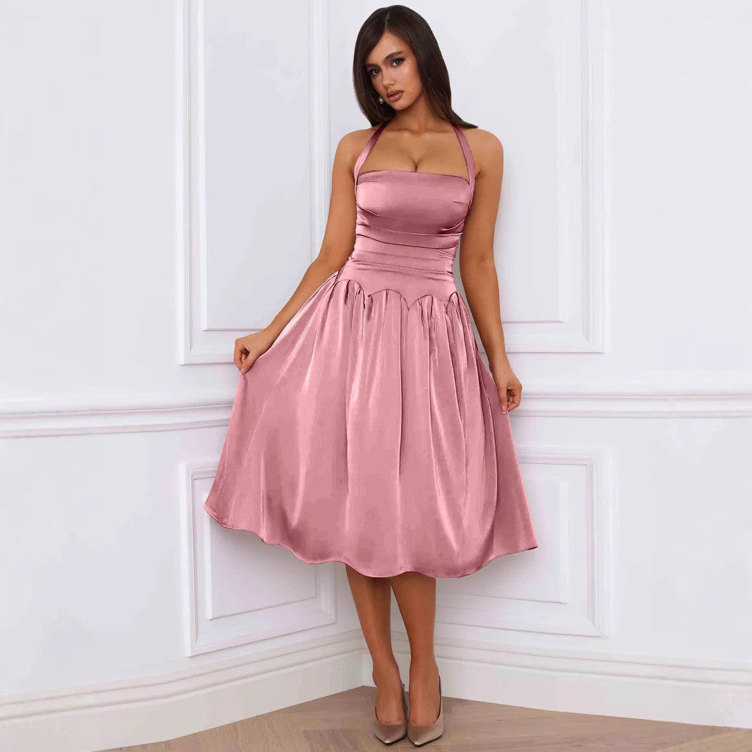 Autumn Winter Lace Up Backless Midi Dress Halter Sleeveless Dress