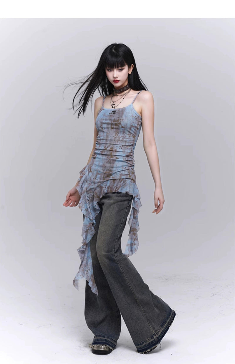 Ladyghost Grunge Fairy Asymmetrical Cami Dress - Tie-dye Ruched Mini Dress With Ruffle Hem