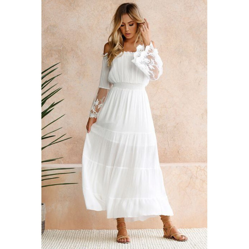 Off Shoulder Lace Patchwork Flared Sleeves Dress Maxi Dress