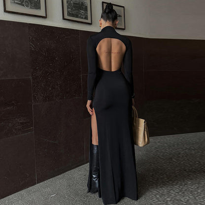 Spring Long Sleeve High Neck Backless Slit Maxi Dress Dress