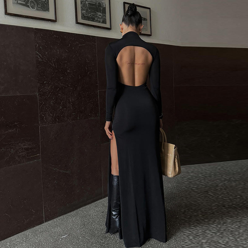 Spring Long Sleeve High Neck Backless Slit Maxi Dress Dress