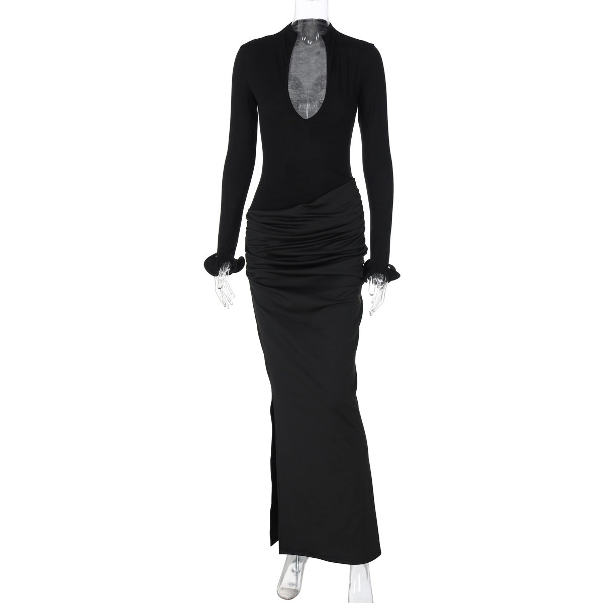 Clothing Deep V Plunge Long Sleeve Color Double Stitching Pleated Maxi Dress