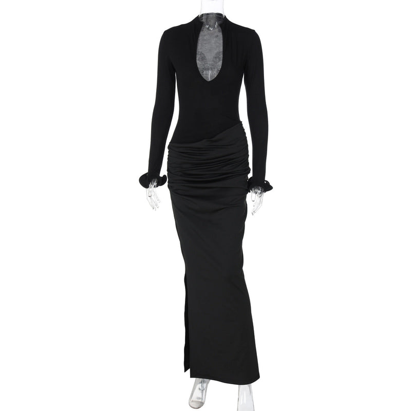 Clothing Deep V Plunge Long Sleeve Color Double Stitching Pleated Maxi Dress