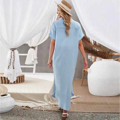 Color Shirt Simple Summer Long V-neck Single Breasted Short Sleeve Cardigan Shirt