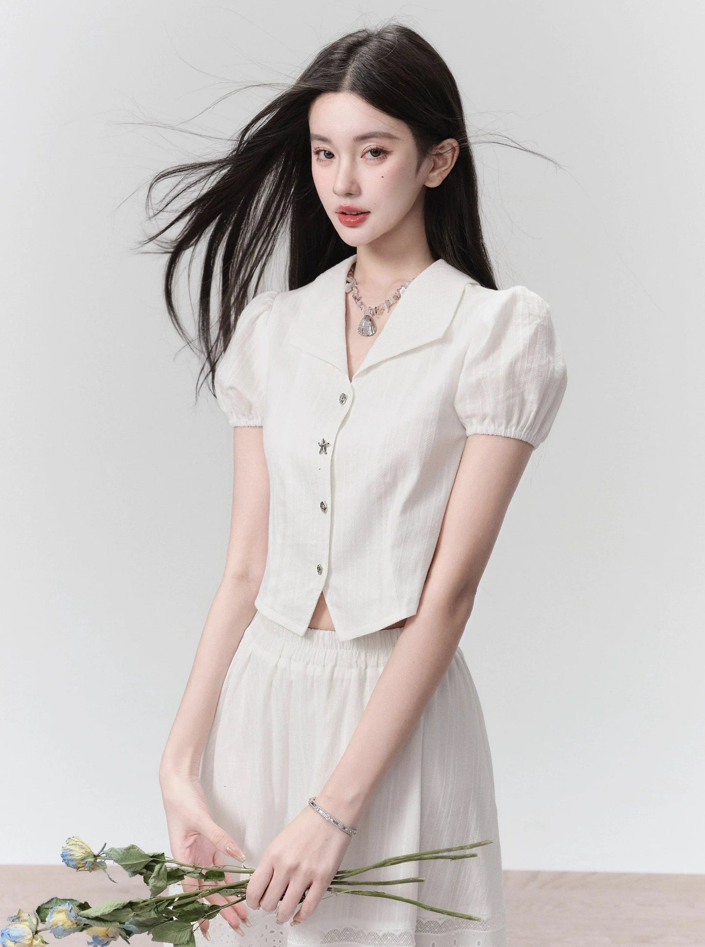 Ethereal Elegance Two-piece Set: Puff Sleeve Crop Blouse & Tiered Lace Midi Skirt - Pure White