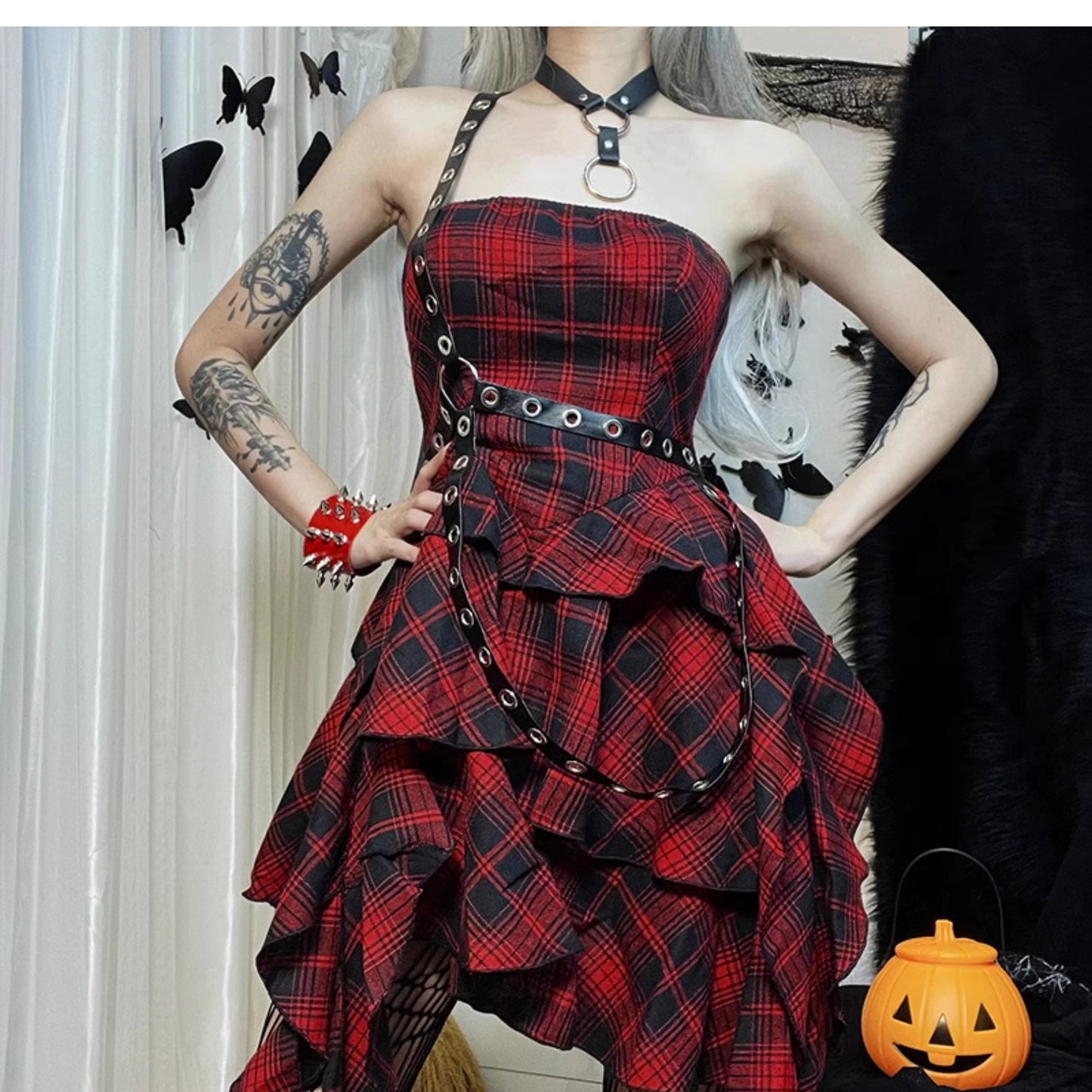 Wannathis Punk Tartan Mini Dress - Red Plaid Ruffle Tiered Goth Dress With Studded Harness