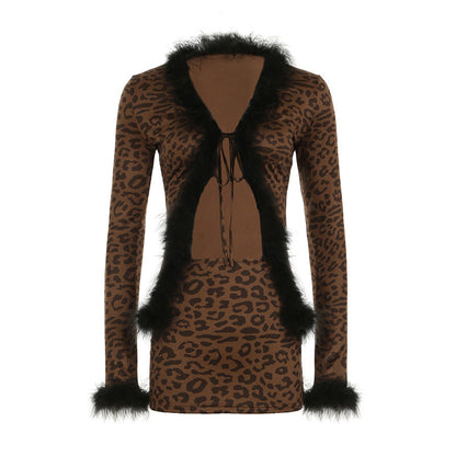 Furry Stitching Tied Cardigan Long Sleeved Top Leopard Print Skirt Set Two Piece Set